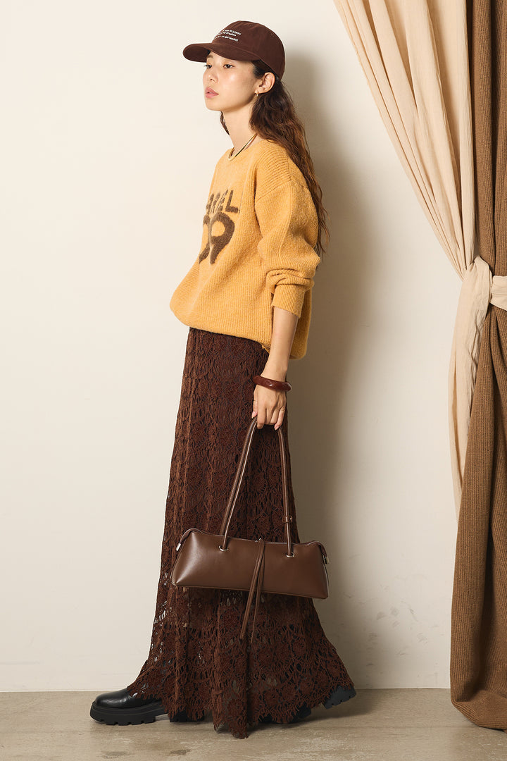 [SET]フロントロゴニットトップス+レース刺繍ロングスカート(2set)