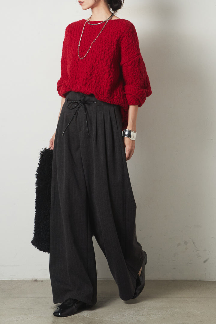 [SET]ボリューム編みニットプルオーバー+編みベルト付きピンストライプワイドパンツ(2set)