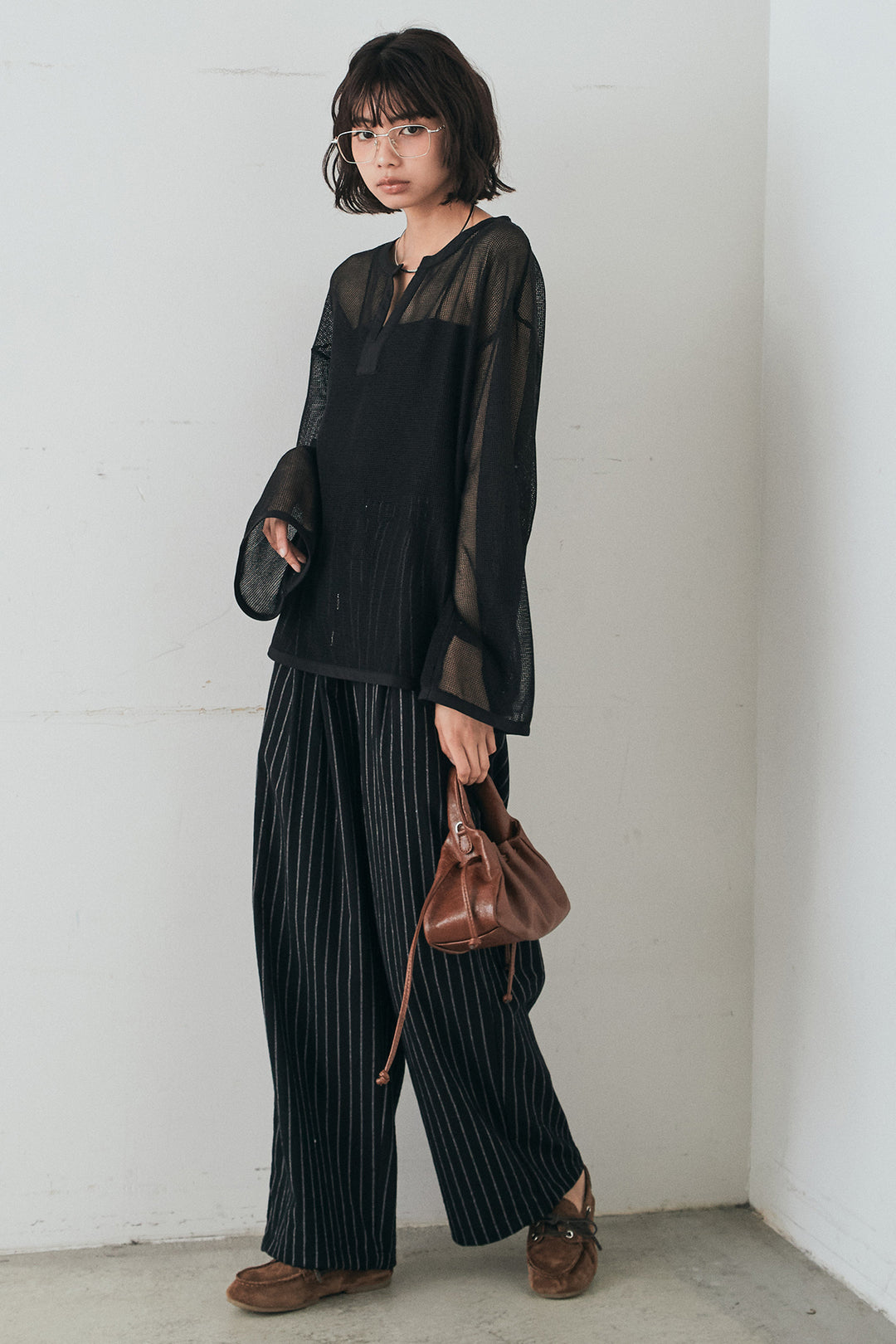 [SET]メッシュカットソースキッパープルオーバー+リネンライクストライプタックイージーパンツ(2set)