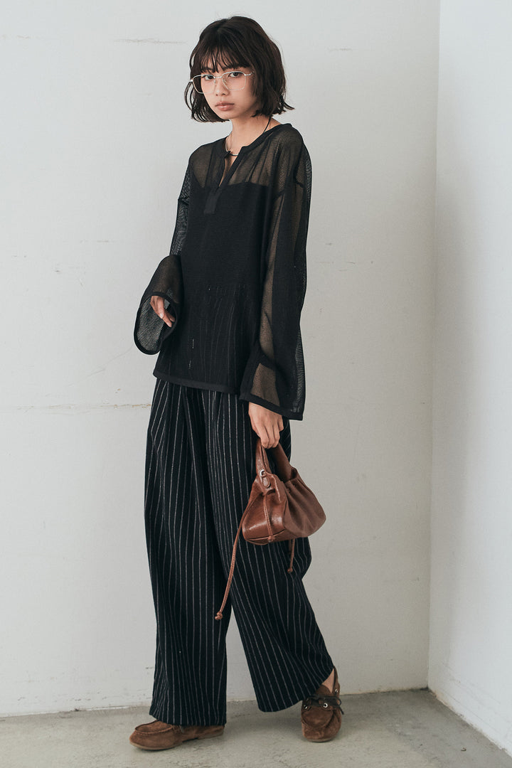 [SET]メッシュカットソースキッパープルオーバー+リネンライクストライプタックイージーパンツ(2set)