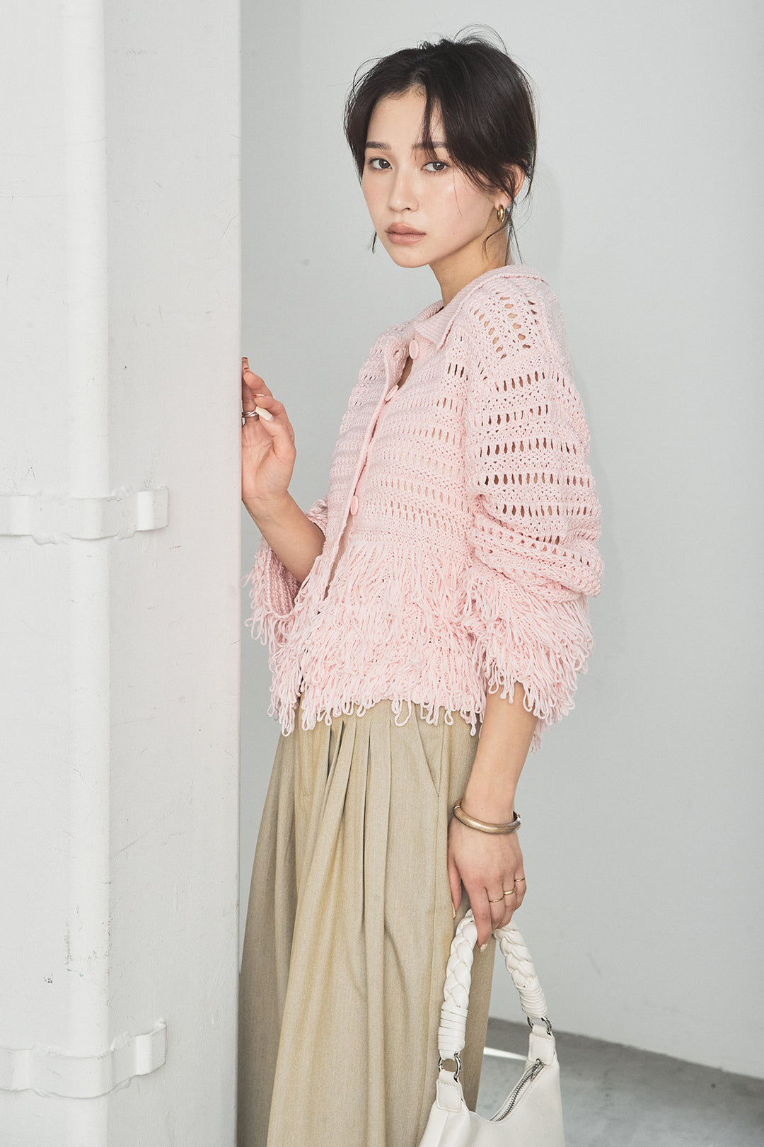 [SET]メッシュフリンジカーディガン+編みベルト付きウエストタックワイドパンツ(2set)