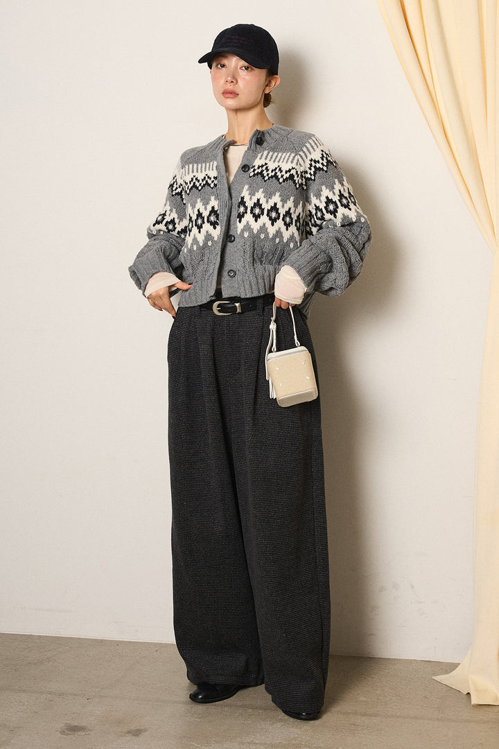 [SET]2WAY求心柄ジャガードショートカーディガン+起毛タック入りツイードワイドパンツ+2WAY袖コード刺繍クルーネックプルオーバー(3set)