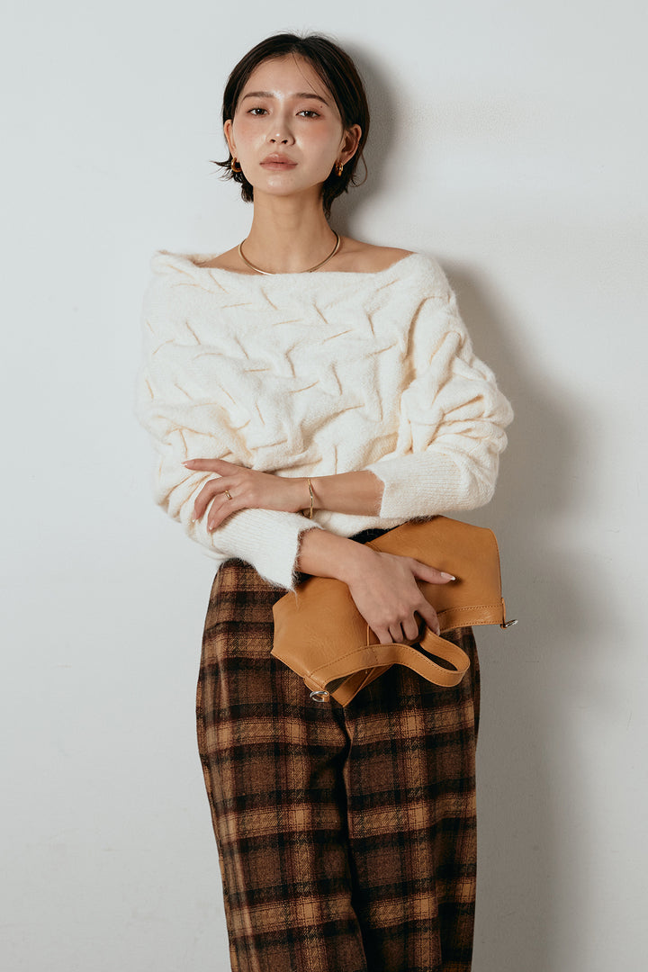 [SET]ボートネックニットトップス+ルーズタータンチェックワイドパンツ(2set)