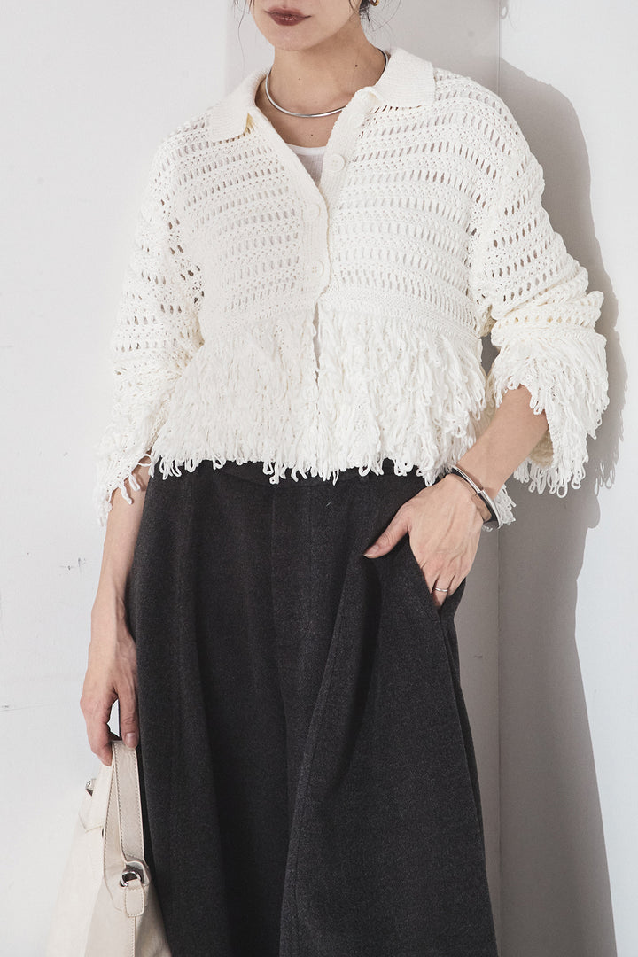 [SET]メッシュフリンジカーディガン+ウールタッチカーブワイドパンツ(2set)