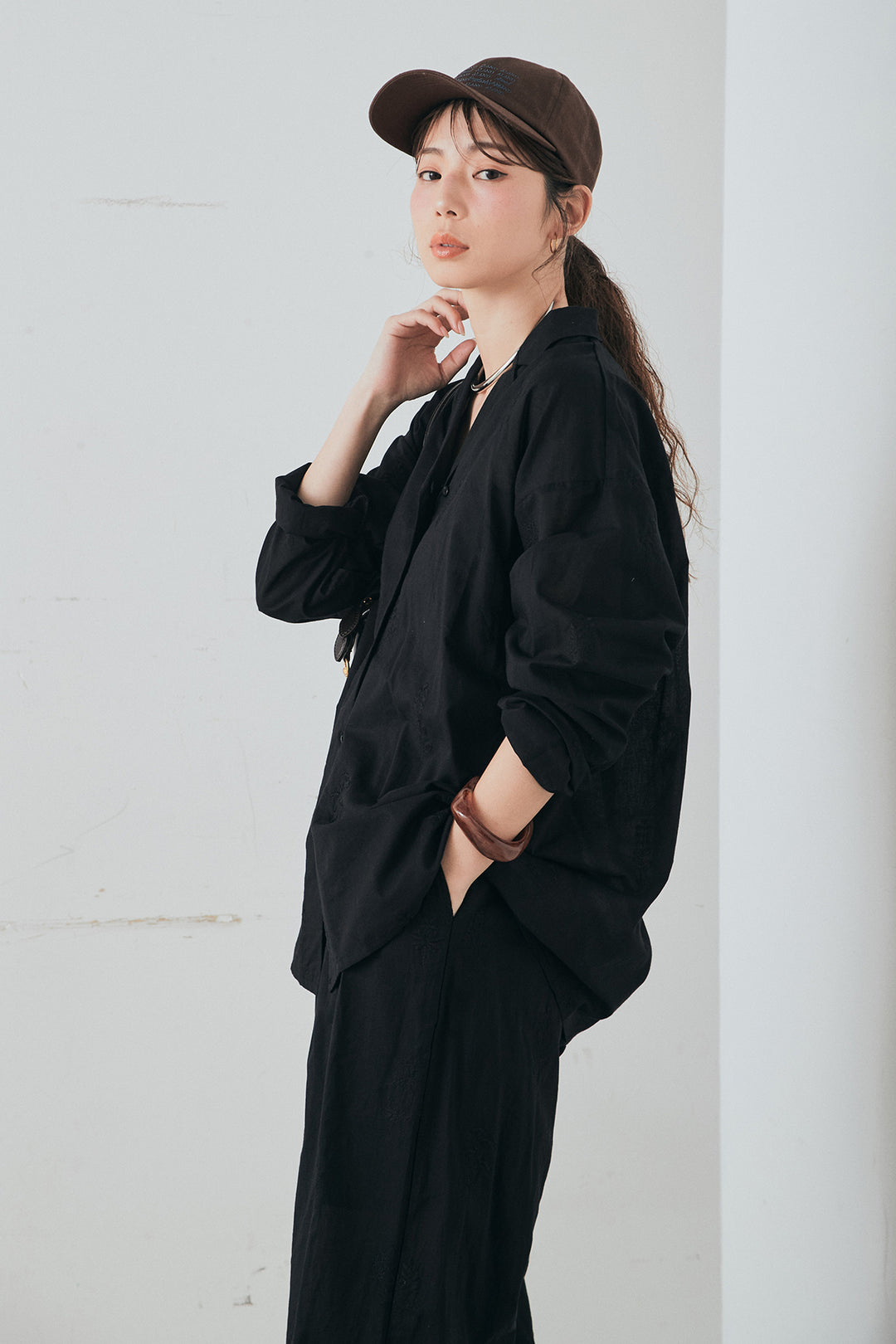 [SET]刺繍ローンオープンカラーシャツ+刺繍ローンタックイージーパンツ(2set)