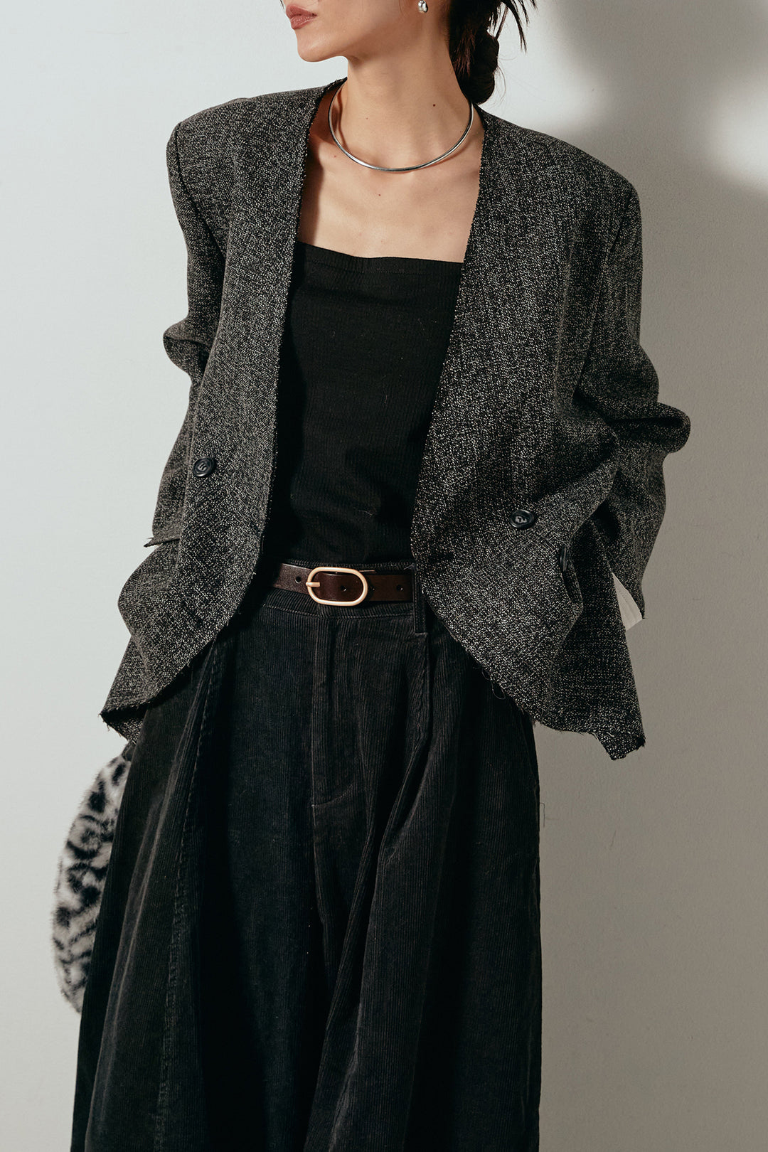 [SET]ノーカラーダブルボタンツイードジャケット+タック入りコーデュロイワイドパンツ(2set)