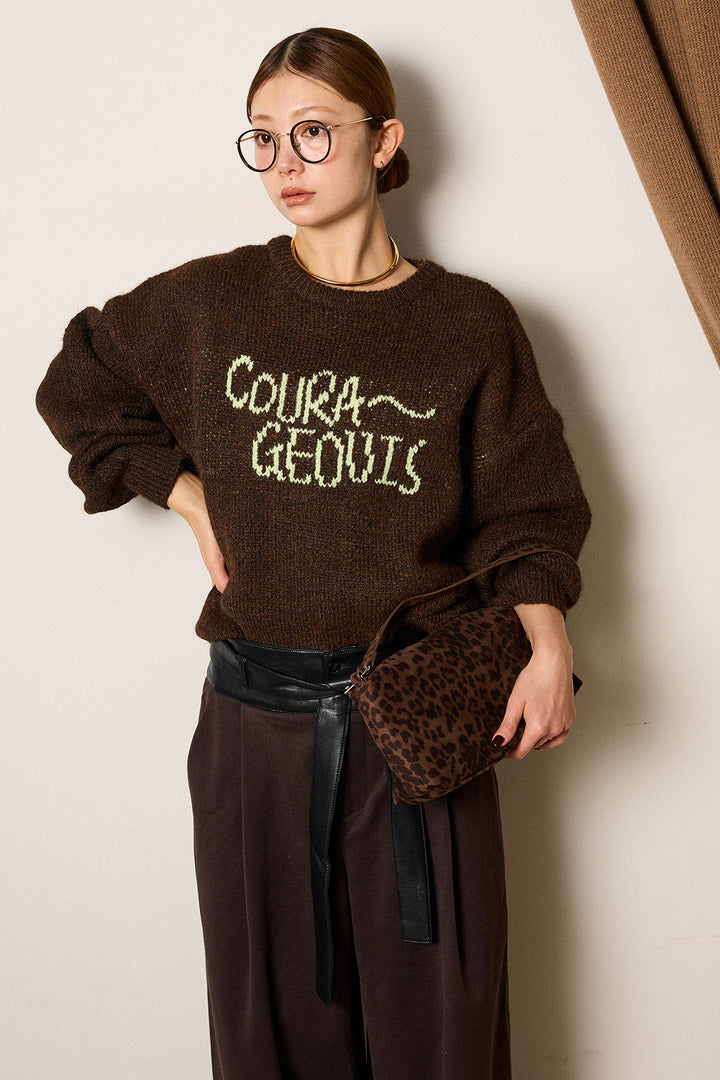 [SET]ロゴシャギーニットプルオーバー+巻ベルトウエストレザーライクワイドパンツ(2set)