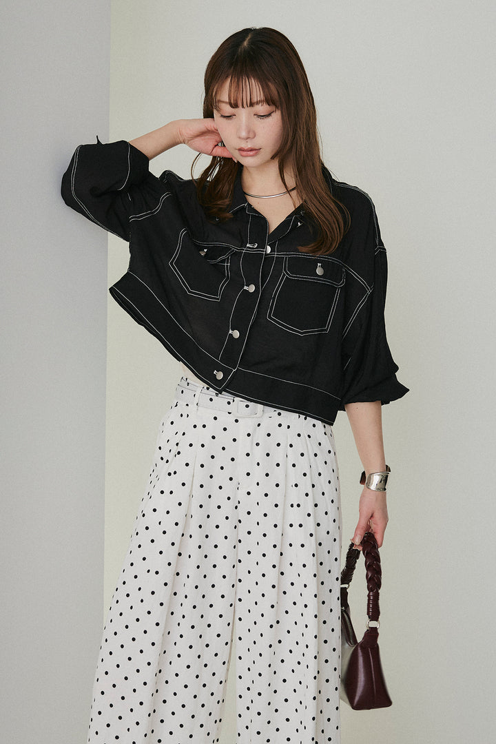 [SET]配色ステッチシアーシャツ+ベルト付きドット柄ワイドパンツ(2set)