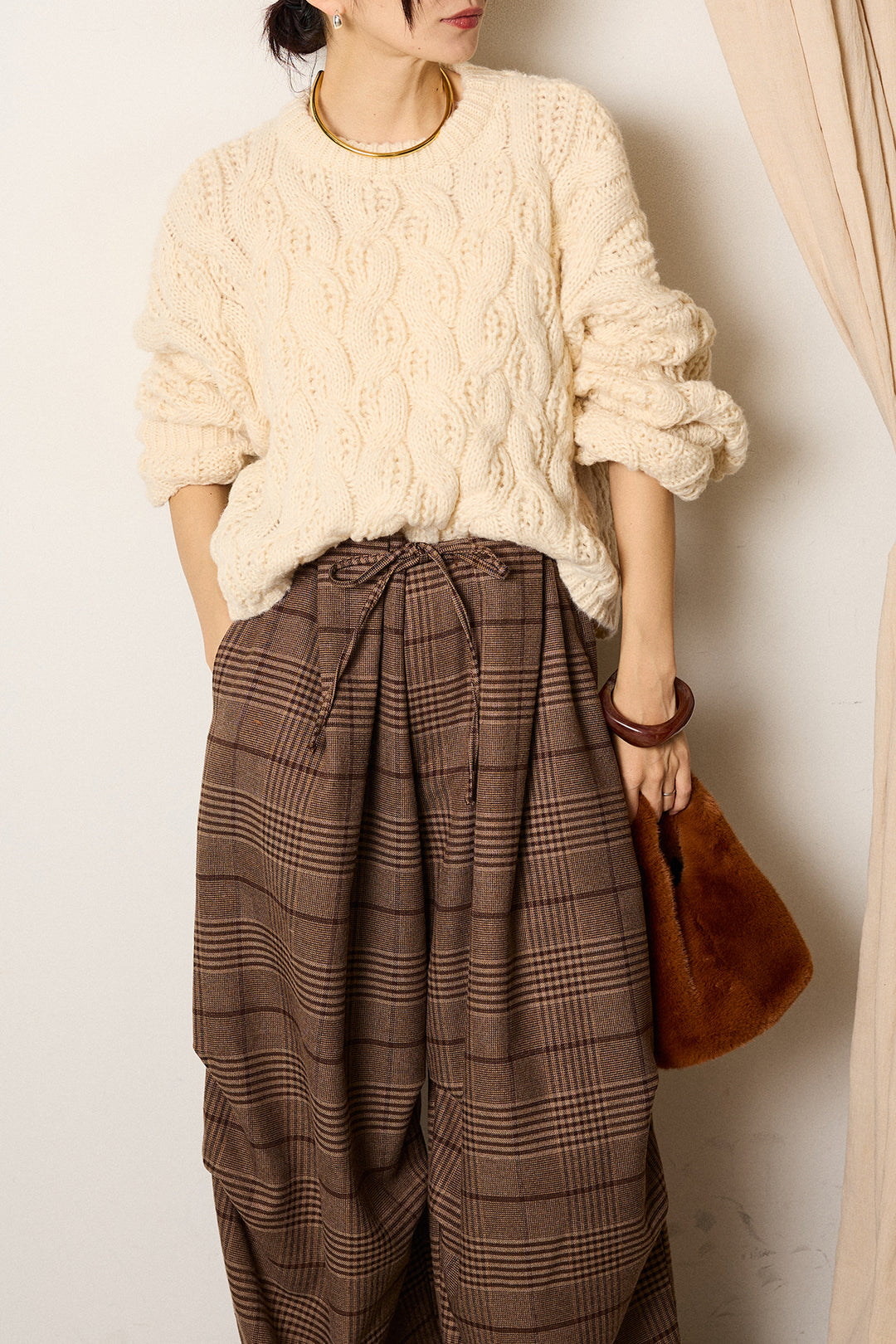 [SET]ケーブルリラックスショートニット+グレンチェックルーズタックパンツ(2set)