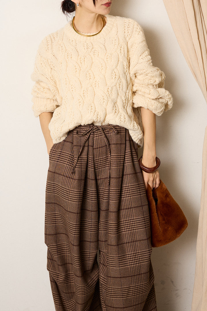 [SET]ケーブルリラックスショートニット+グレンチェックルーズタックパンツ(2set)