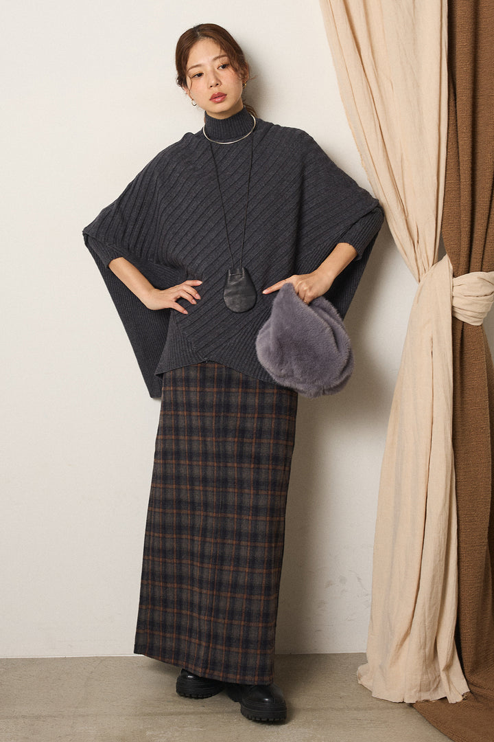 [SET]アシメデザインリブポンチョニットトップス+シャギーチェックストレートスカート(2set)