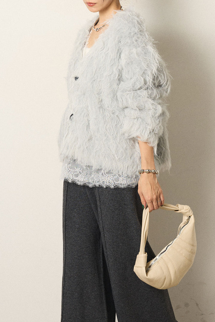 [SET]起毛シャギーニットカーディガン+レース切り替えキャミソール(2set)