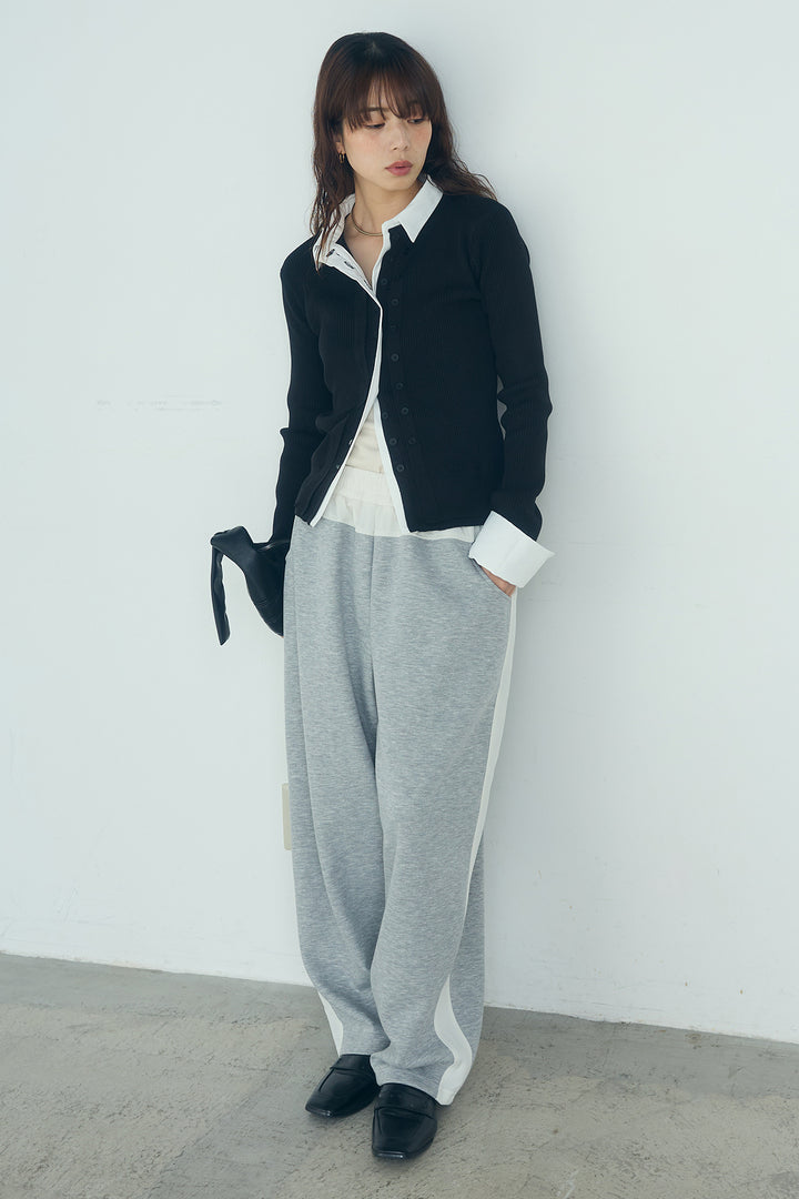 [SET]シャツドッキングボタンニットカーディガン+異素材切り替えスウェットパンツ(2set)