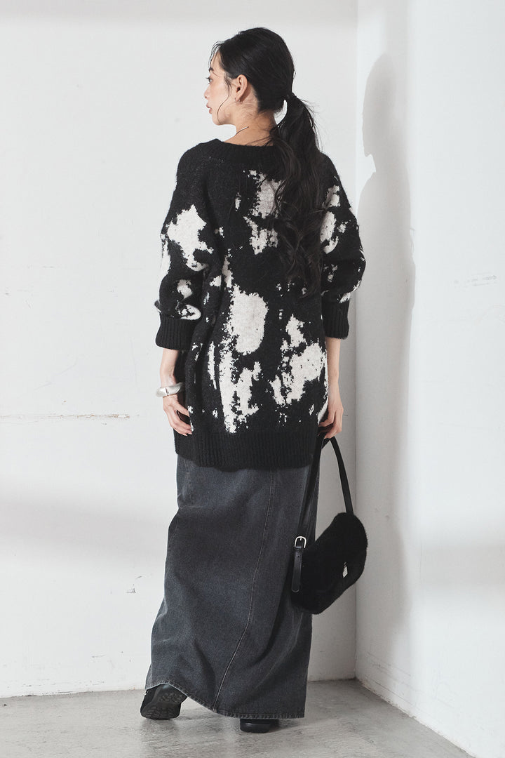 [SET]アブストラクト柄ニットプルオーバー+フロントジップデニムスカート(2set)