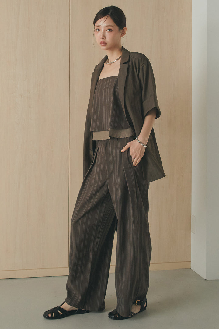 [SET]リネンライクテーラードハーフスリーブジャケット+リネンストライプタックワイドパンツ+リネンストライプレイヤードキャミ(3set)