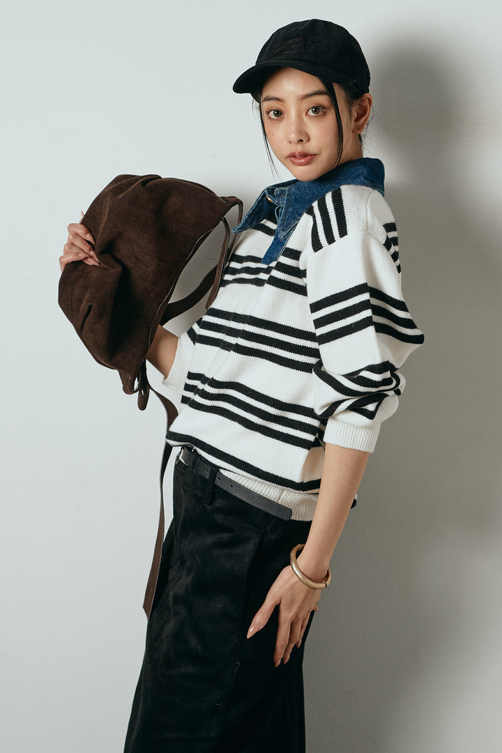 [SET]デニムレイヤード風ランダムボーダーニットプルオーバー+エコスウェードワイドスカート(2set)