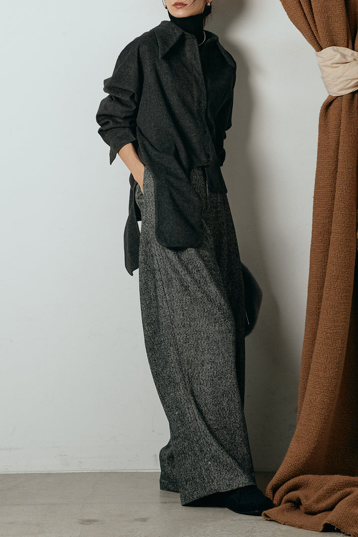 [SET]裾アシンメトリーデザインシャツ+タックツイードワイドパンツ+リブニットシームレスタートルプルオーバー(3set)