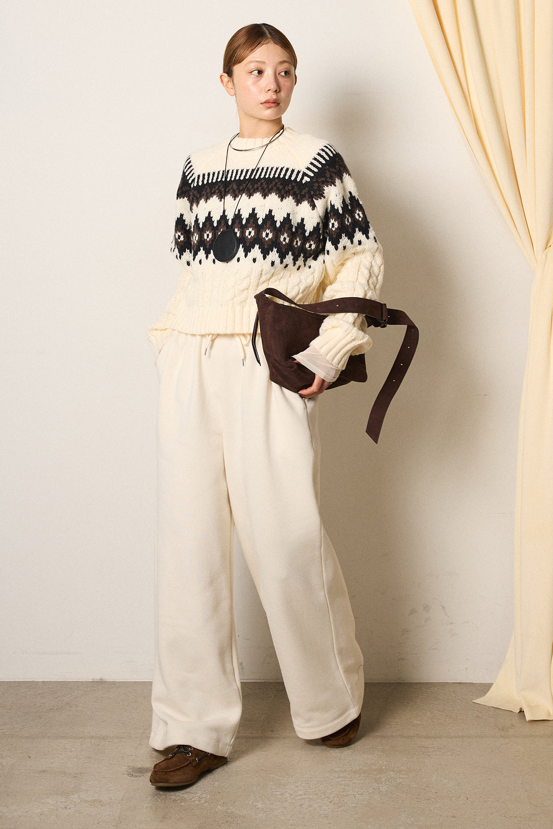 [SET]2WAY求心柄ジャガードショートカーディガン+裏起毛スウェットワイドパンツ(2set)