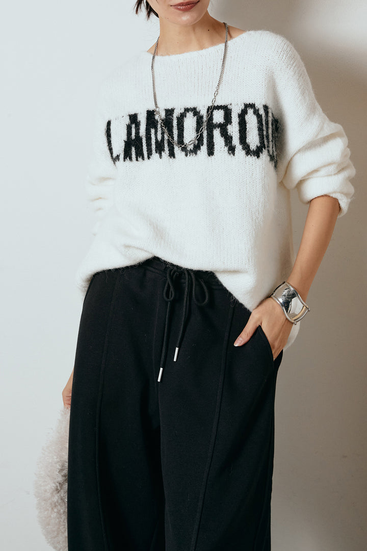 [SET]フロントロゴデザインニットトップス+スウェットワイドカーブパンツ(2set)