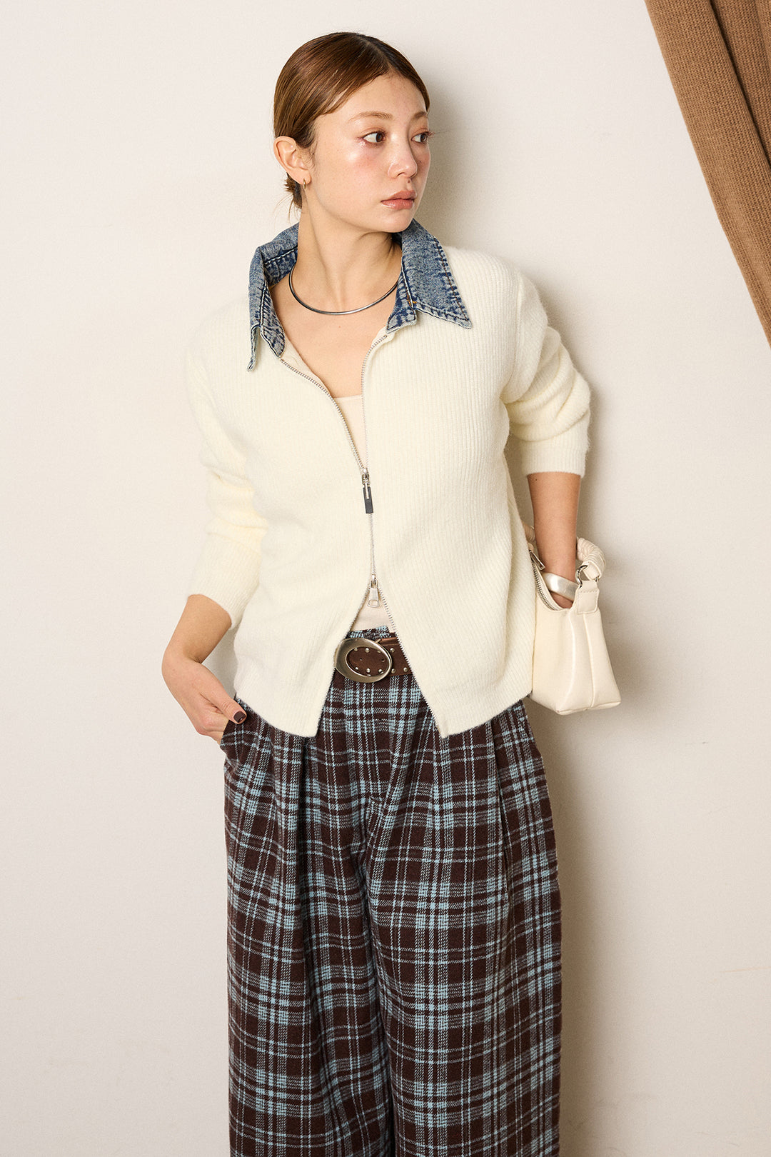 [SET]デニム襟ダブルジップニットトップス+スタッズデザインベルトタータンチェックパンツ(2set)