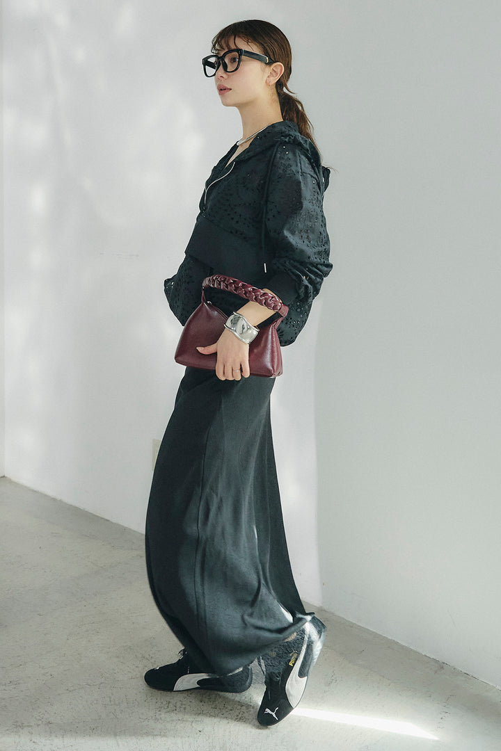 [SET]レースハーフジップアップフーディー+バイアスナローサテンスカート(2set)