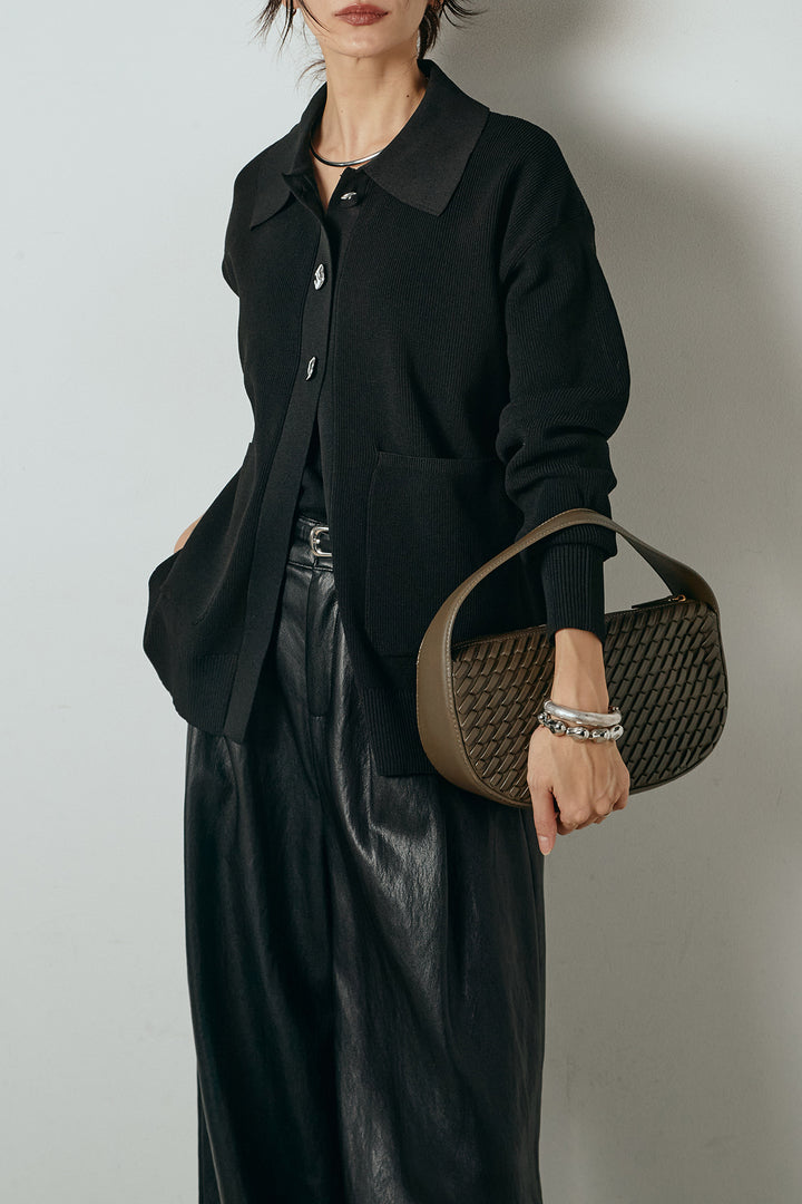 [SET]メタル釦衿付きニットカーディガン+ベルト付きレザーライクタックパンツ(2set)