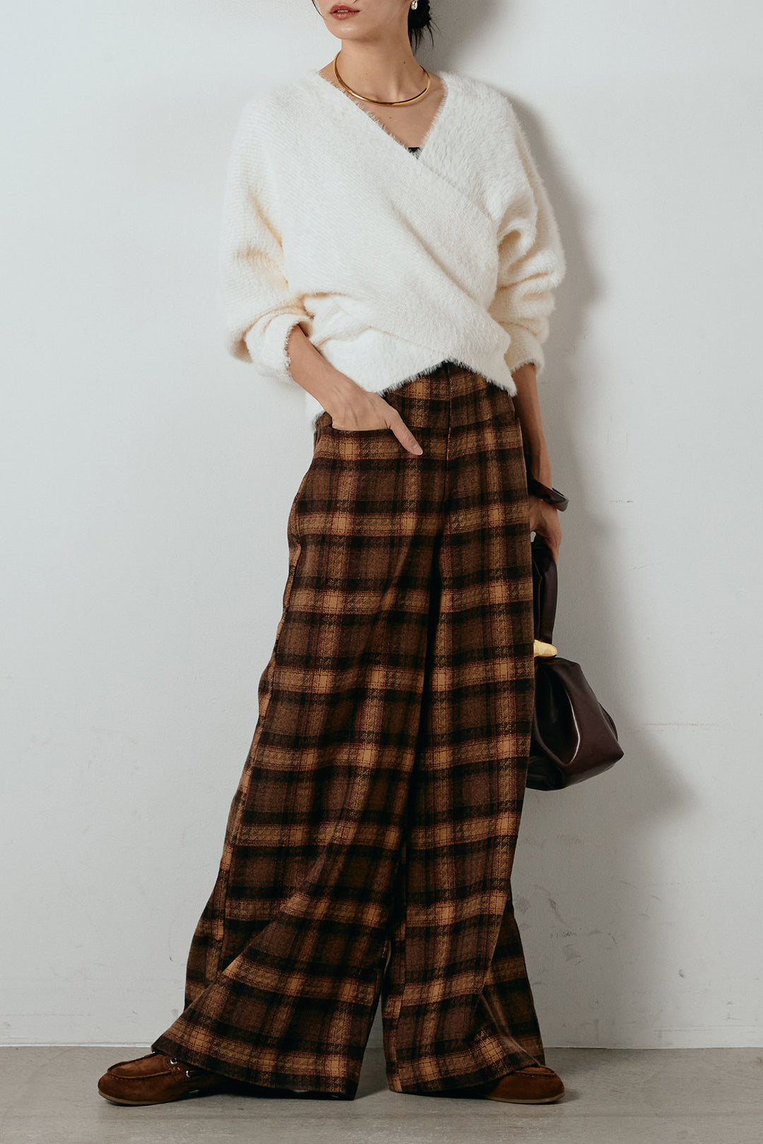 [SET]シャギーカシュクールニットトップス+ルーズタータンチェックワイドパンツ(2set)