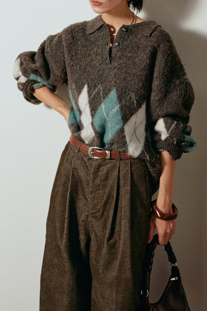 [SET]アーガイル柄ポロニットトップス+フロントタック入りコーデュロイパンツ(2set)