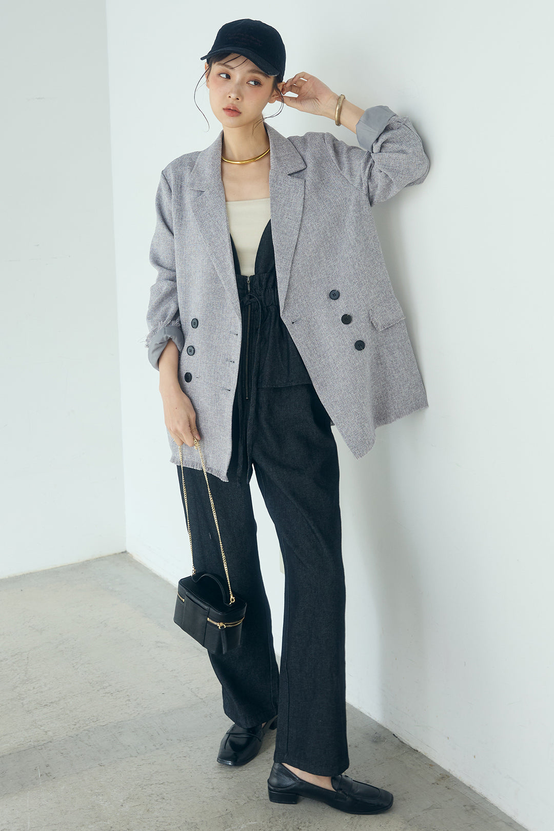 [SET]スラブネップツイードフリンジテーラードジャケット+デニムペプラムコンビネゾン(2set)