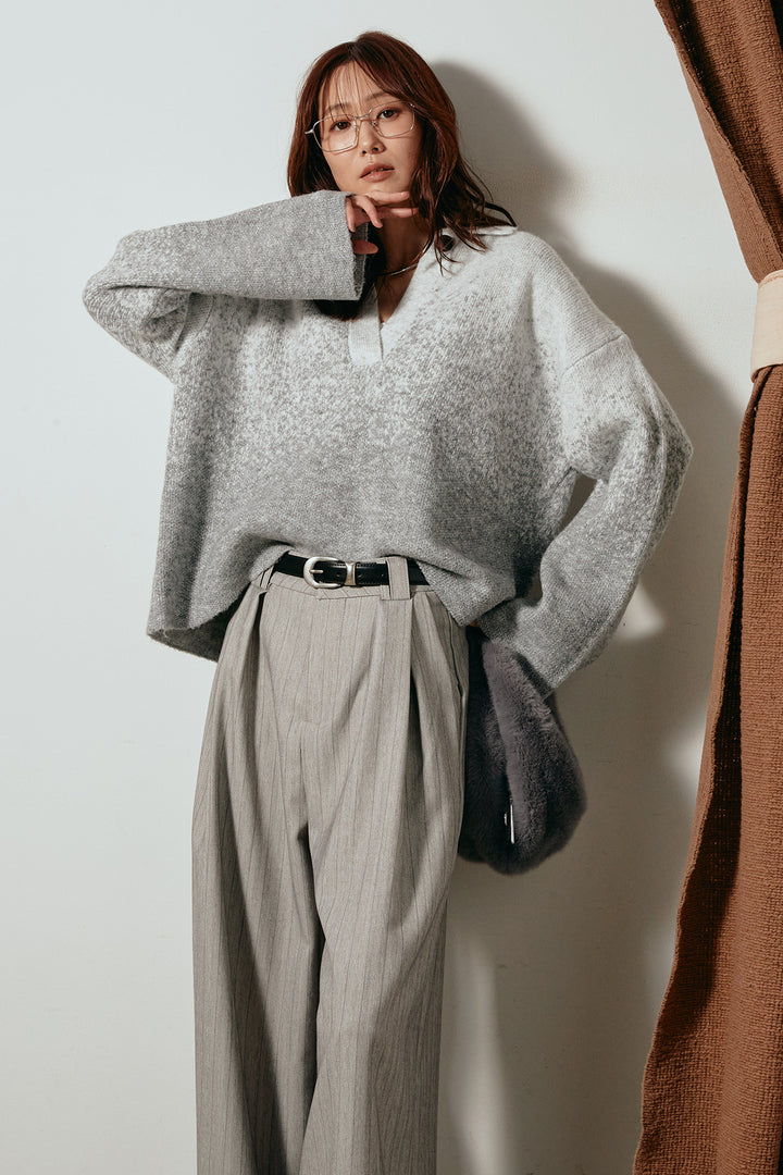 [SET]グラデーションラメニットキーネックプルオーバー+ストライプヘリンボーンパンツ(2set)