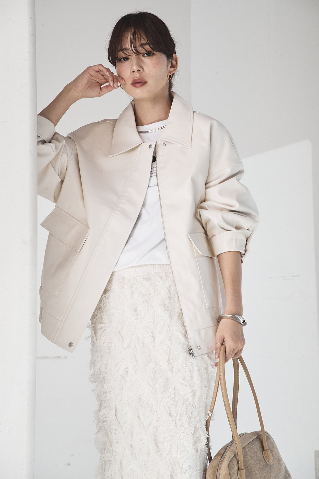 [SET]レザーライクオーバーサイズブルゾン+カットフリンジニットタイトスカート(2set)