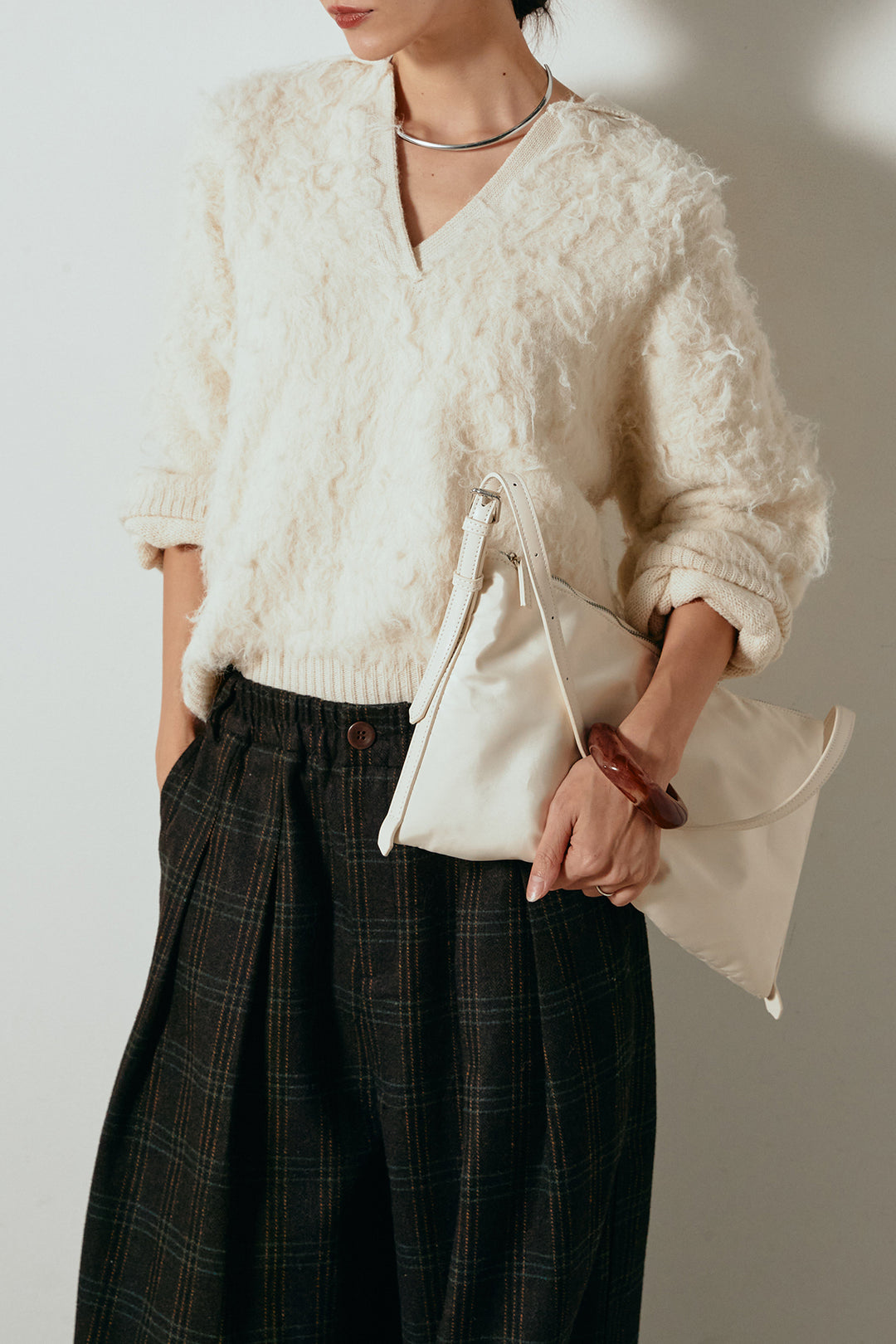 [SET]襟付きシャギーニットポロトップス+タータンチェック柄タックパンツ(2set)