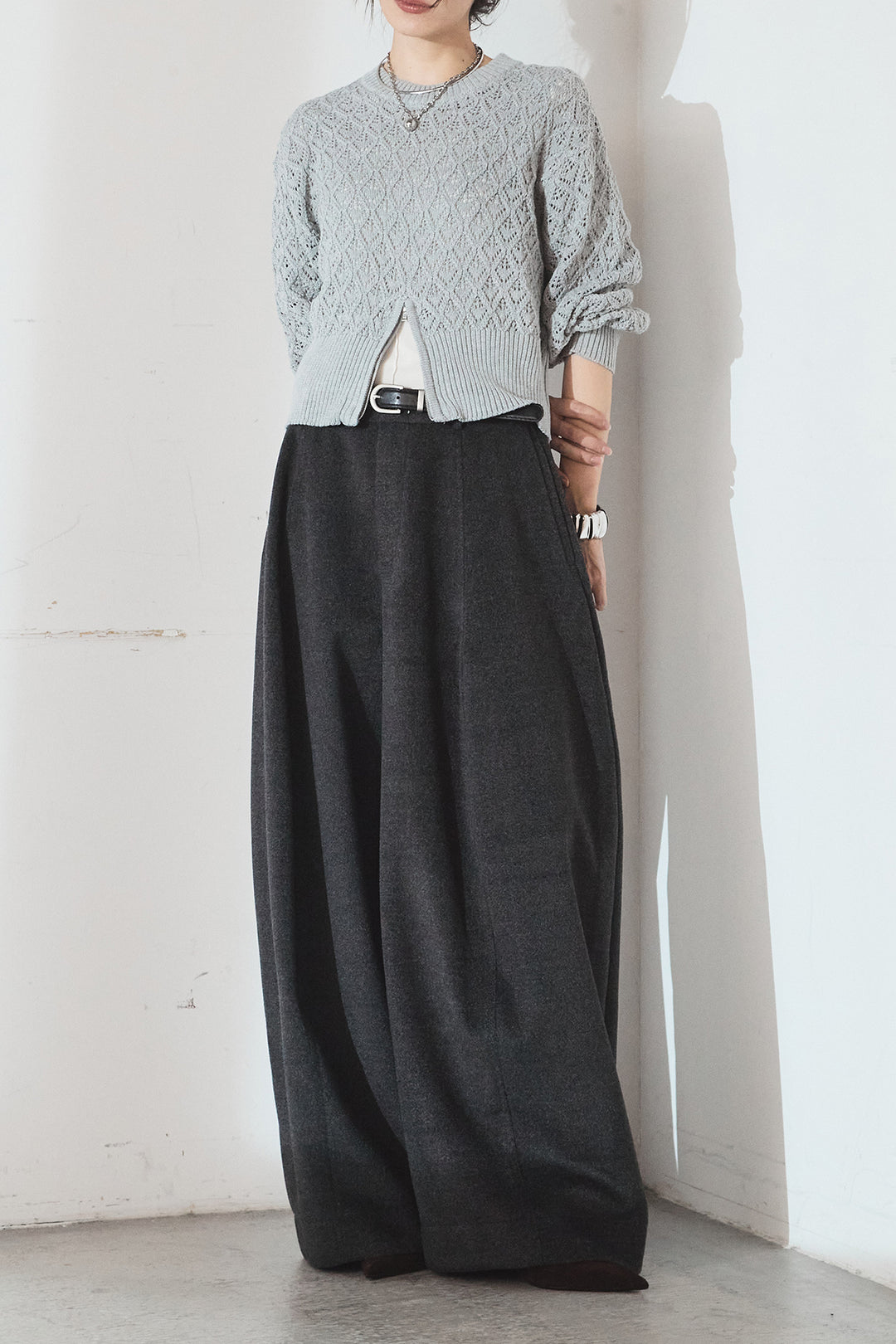 [SET]透かし編みニットジップスリットプルオーバー+ウールタッチカーブワイドパンツ(2set)