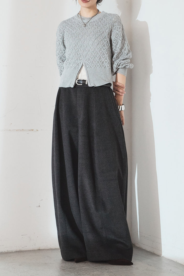 [SET]透かし編みニットジップスリットプルオーバー+ウールタッチカーブワイドパンツ(2set)