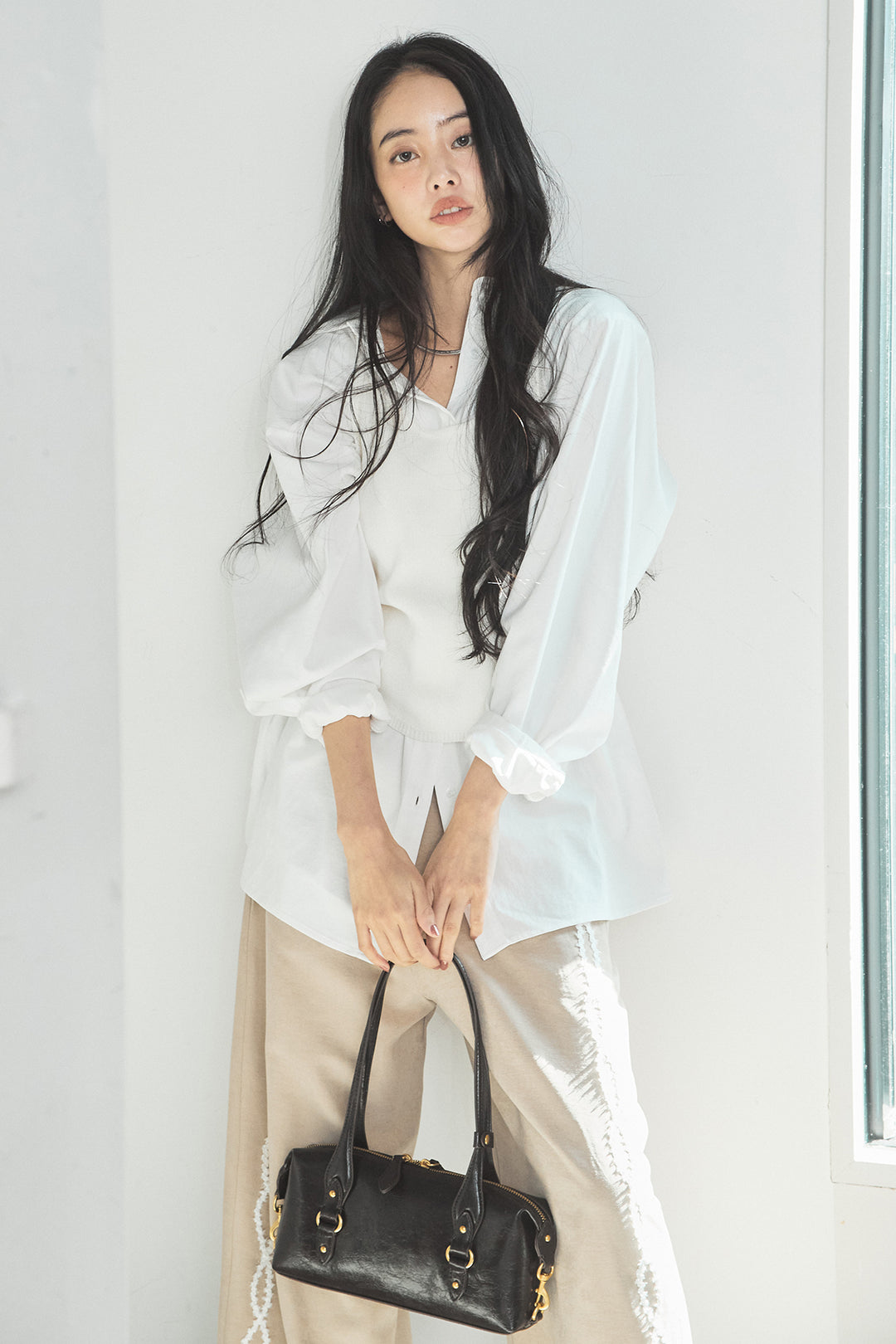 [SET]ニットキャミ付きシャツ+刺繡テープラインパンツ(2set)