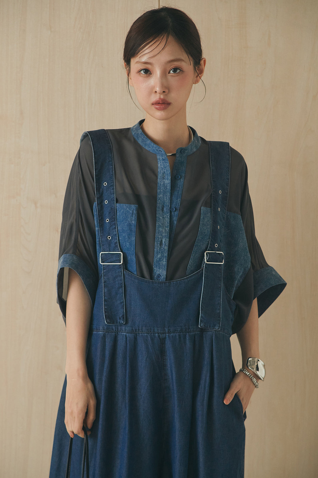 [SET]デニムライクビッグツーポケシアーシャツ+前後2WAYテンセルデニムサロペット(2set)