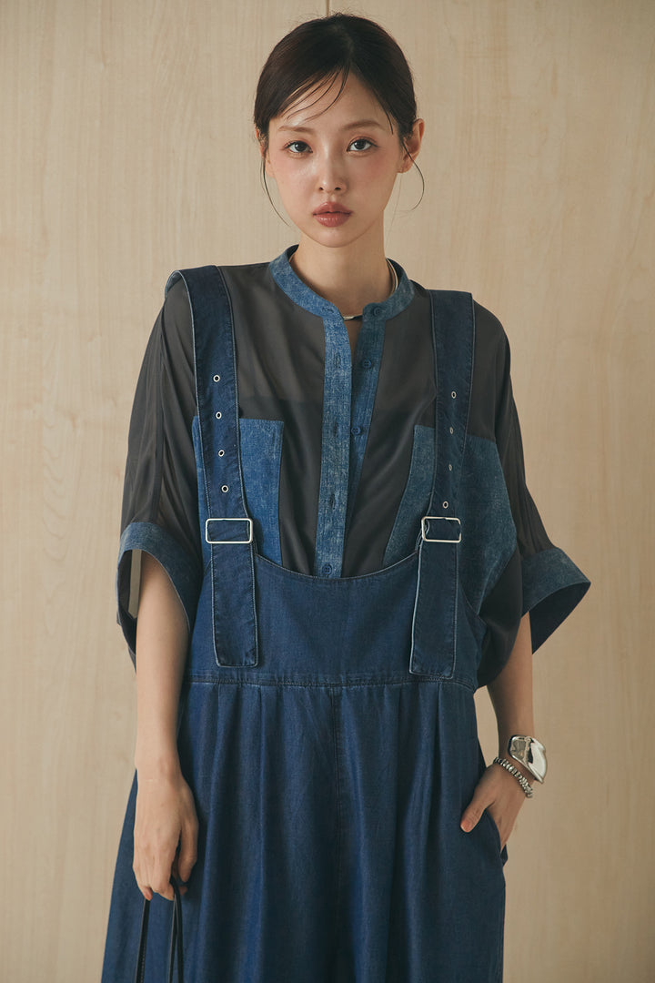 [SET]デニムライクビッグツーポケシアーシャツ+前後2WAYテンセルデニムサロペット(2set)