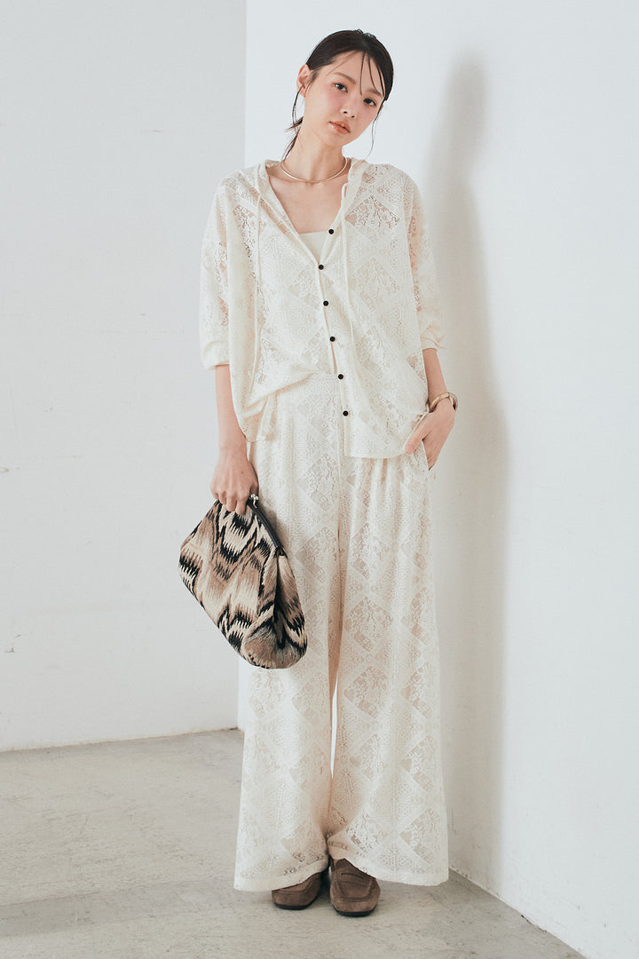 [SET]ブロックレースフード付きブラウス+リラックスブロックレースワイドパンツ(2set)