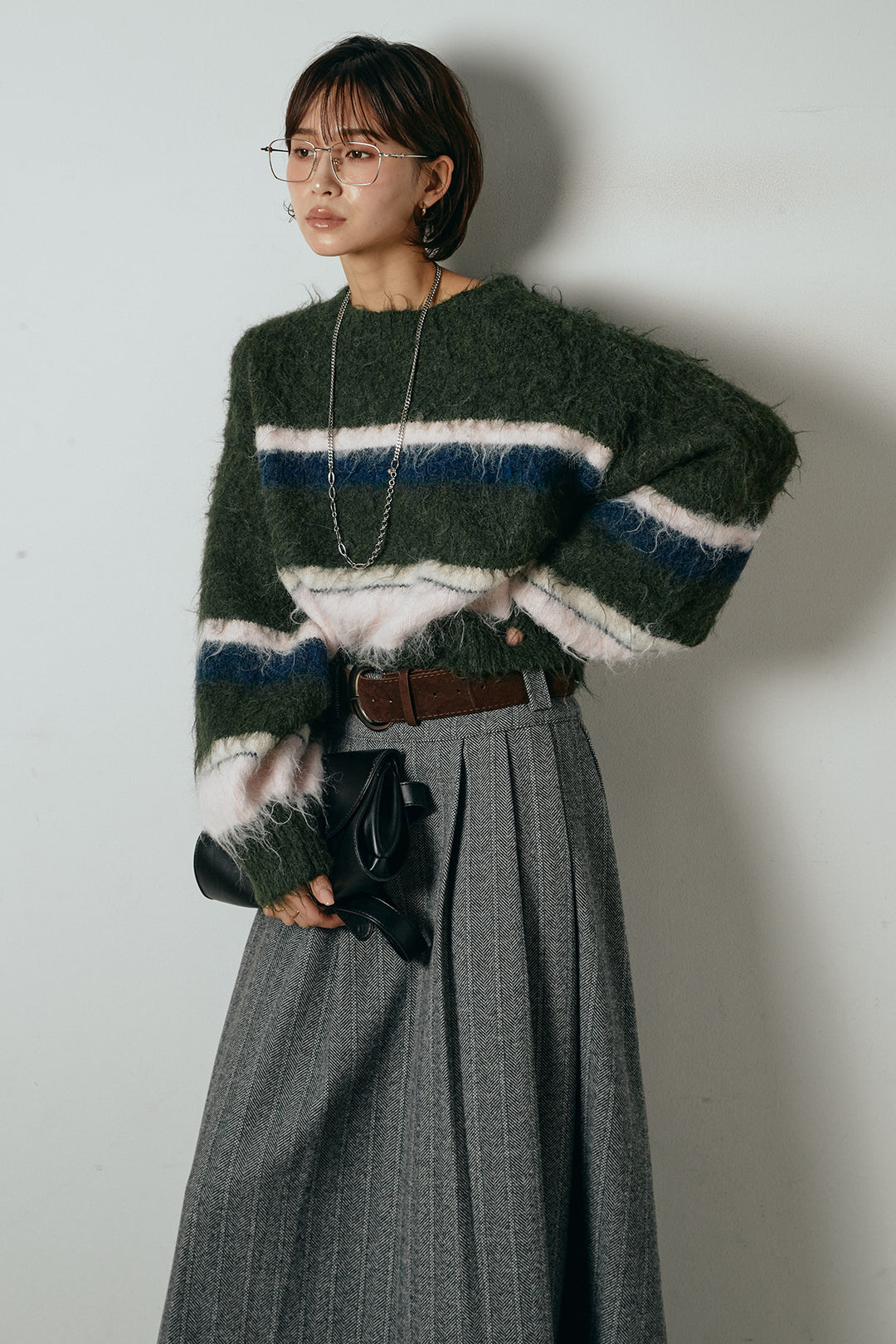 [SET]起毛配色マルチボーダーニットトップス+太ベルト付きヘリンボーンプリーツスカート(2set)