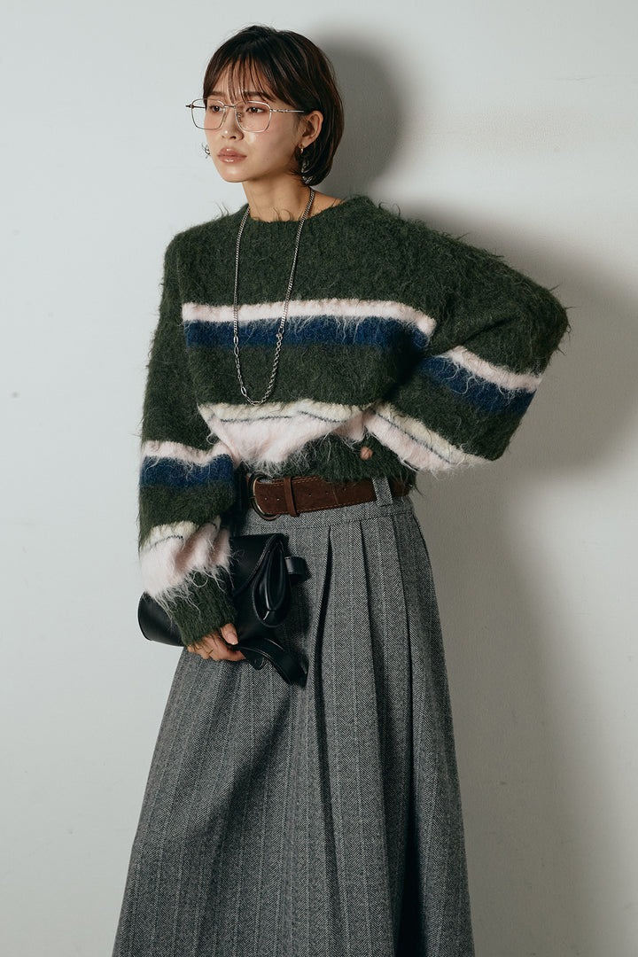 [SET]起毛配色マルチボーダーニットトップス+太ベルト付きヘリンボーンプリーツスカート(2set)