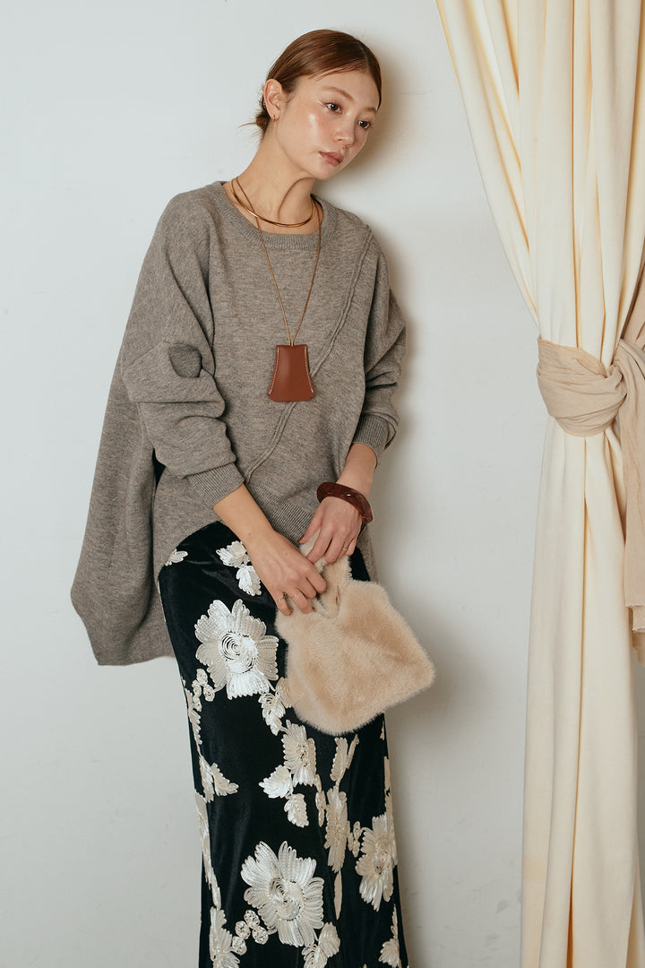 [SET]アシンメトリーデザインニットトップス+フラワー刺繍ワイドスカート(2set)