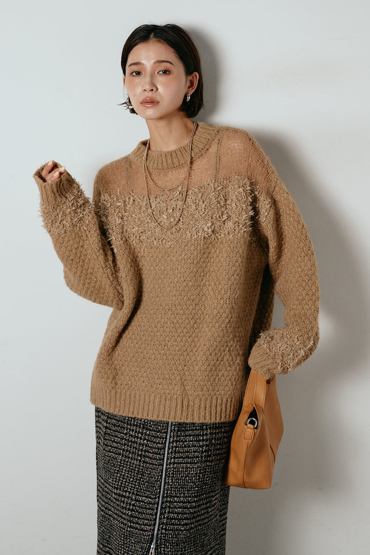 [SET]パターンランダム編みニットトップス+グレンチェック柄フロントジップタイトスカート(2set)