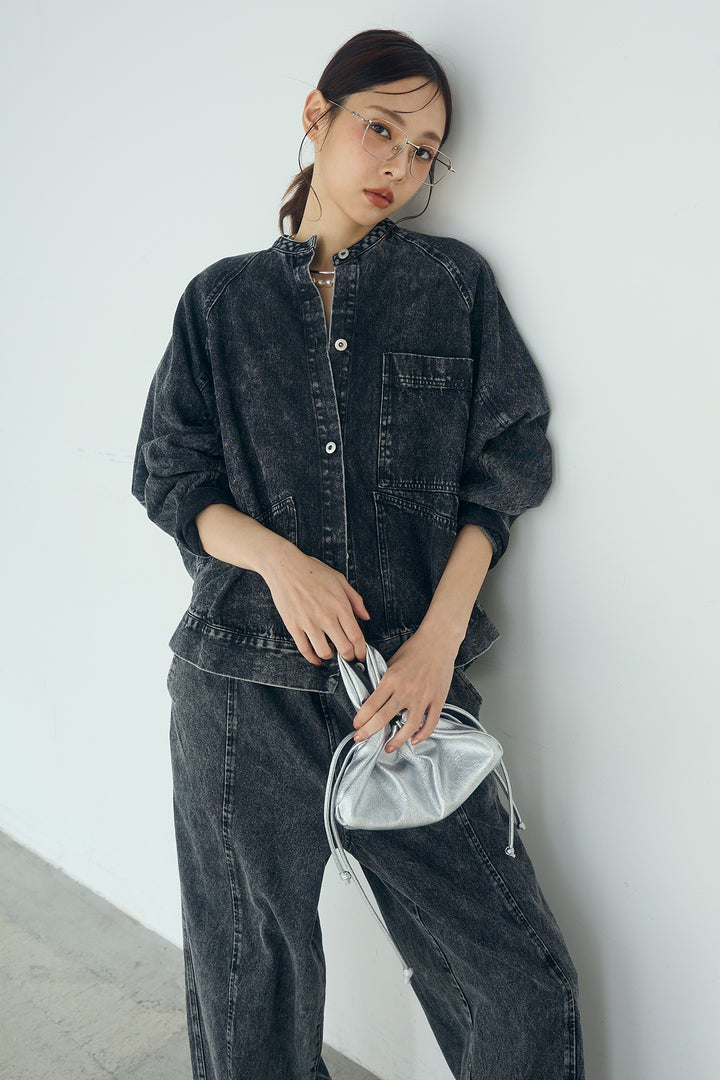 [SET]カラーデニムケミカル加工ノーカラーブルゾン+カラーデニムケミカル加工コクーンパンツ(2set)