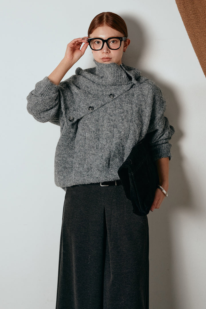 [SET]ケープデザインケーブルニットトップス+ベルト付きフロントタックデザインパンツ(2set)