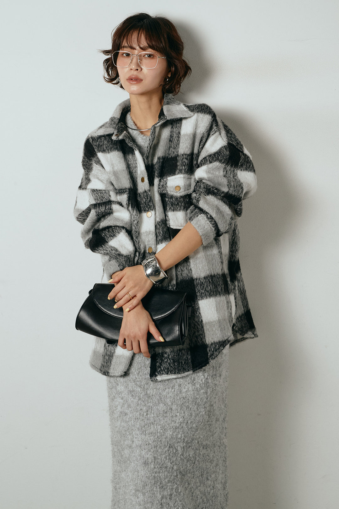 [SET]起毛チェック柄ポケットアウター+起毛ノースリーブニットロングワンピース(2set)