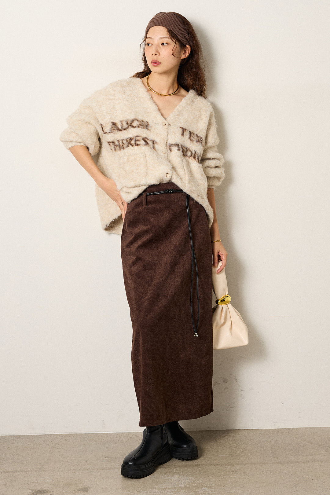 [SET]ウール混透かしロゴニットカーディガン+ロープベルト付きスウェード調スカート(2set)