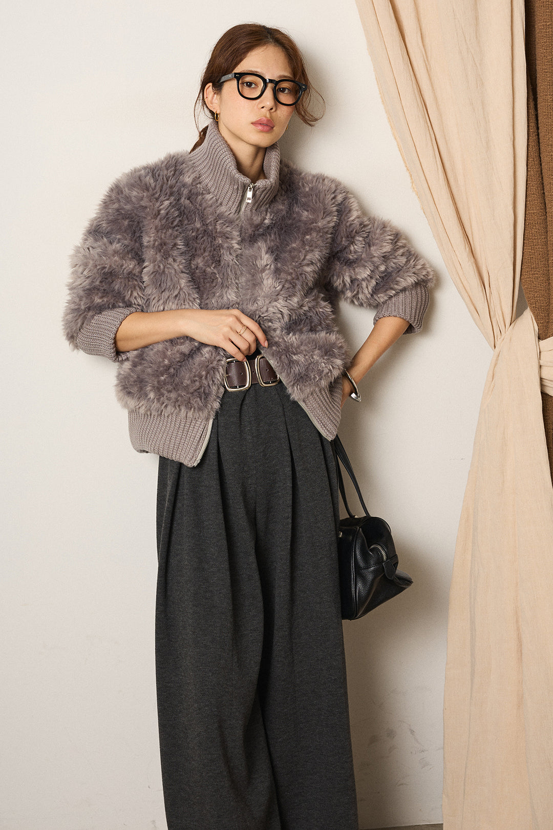 [SET]ハイネックボアブルゾン+フェイクレザー太ベルト付きタックワイドパンツ(2set)