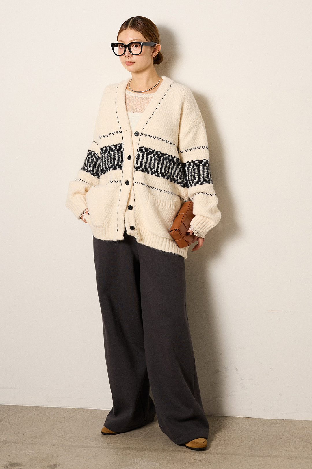 [SET]ライン柄ステッチニットカーディガン+2WAY袖コード刺繍クルーネックプルオーバー(2set)