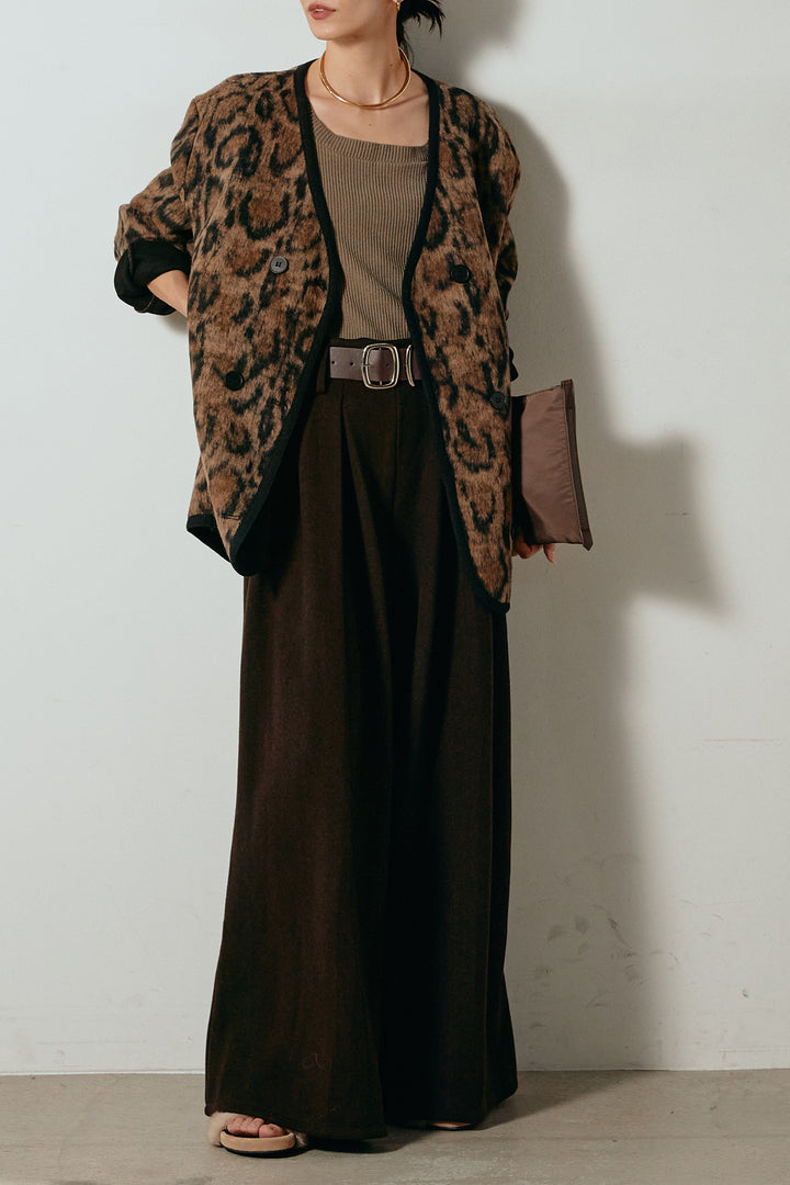 [SET]ノーカラーレオパード柄アウター+フェイクレザー太ベルト付きタックワイドパンツ(2set)
