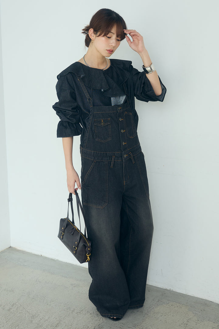 [SET]デニムフリルブラウス+デニムサロペットワイドパンツ(2set)